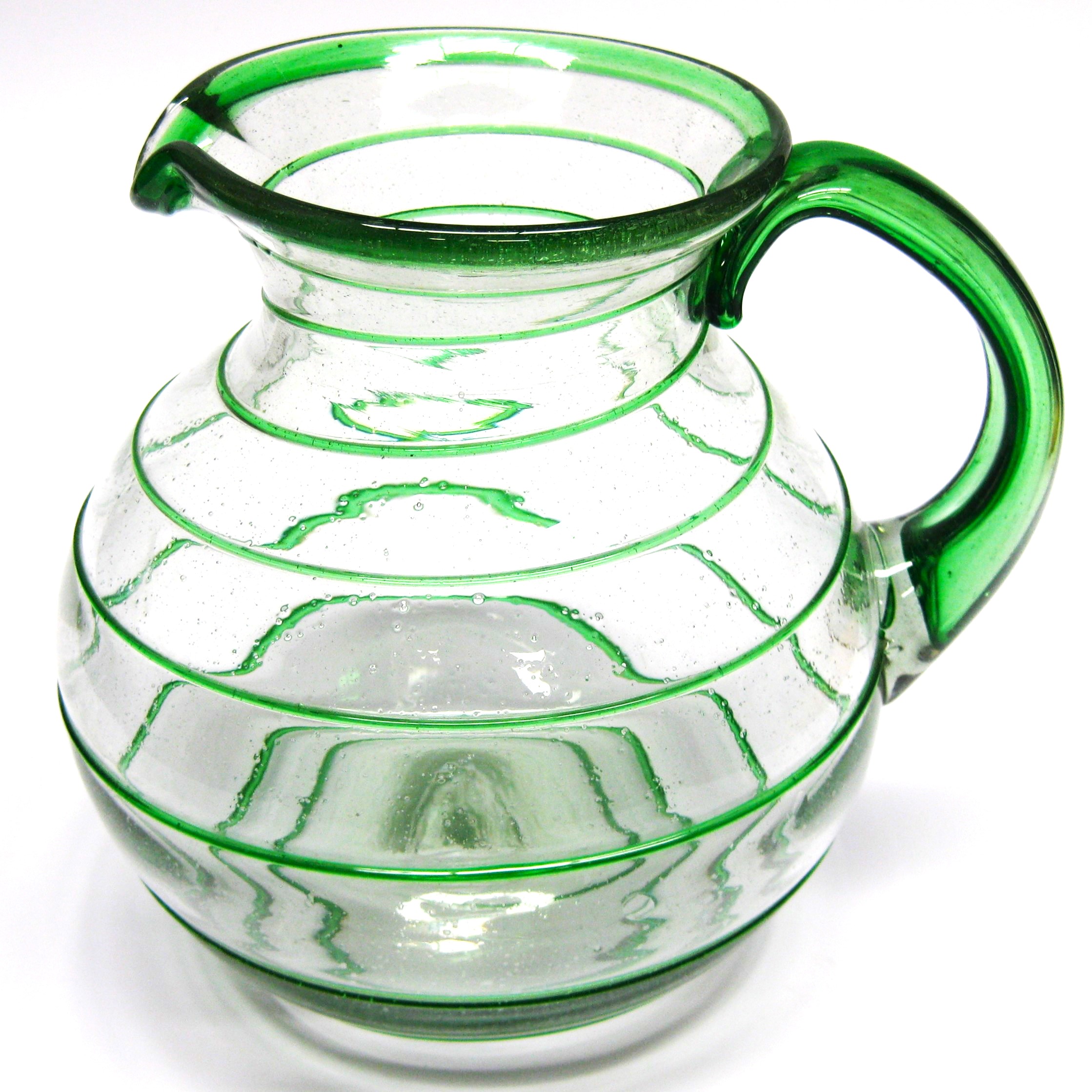 Wholesale Spiral Glassware / Emerald Green Spiral 120 oz Large Bola Pitcher / A classic with a modern twist, this pitcher is adorned with a beautiful emerald green spiral.